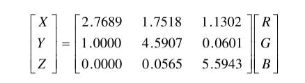 X、Y、Z和RGB系數(shù)之間關(guān)系式